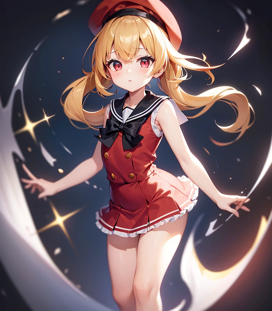 (Sailor suit),(((Red checked mini skirt))),((Frills)),(Red Beret),,Cute little loli,Tiny Lori,Small girl,,Childish face, Very fine clean face,Top quality, Big eyes,Straight Hair,Yellow hair,Crimson Eye,(Dark Room), Subtle light, Natural light,Soft lighting,Light from directly behind, (Are standing), Cute pose, (Open your hands), Showing the whole body,Front view,Black background