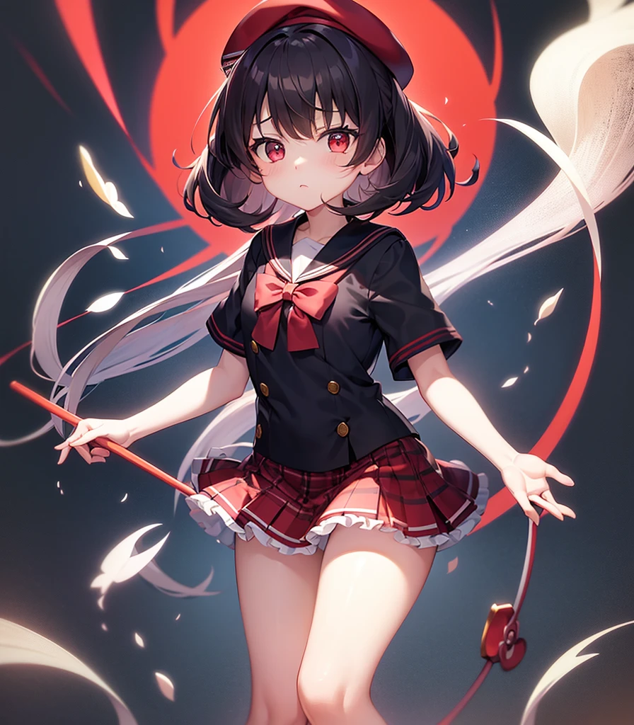 entire body image, flat stomach, high quality image of only one anime-style gothic girl, the girl has a very thin body, the girl have a evil smile in her face, good body, good anatomy, the girl has white skin, the girl has little human ears, red eyes, the girl has straight black hair, the girl have straight bangs in her forehead, her hair cover all her eyebrows, the girl has long hair, the girl is posing sexy, the girl is wearing a short white tight dress with a red tie, bare shoulders, gold jewelry in all her body, the girl expels shadows from all over her body, The girl carries iron paws in her hands, the girl wears a sovietic ushanka hat, The background of the image is a neon futuristic devastated city,