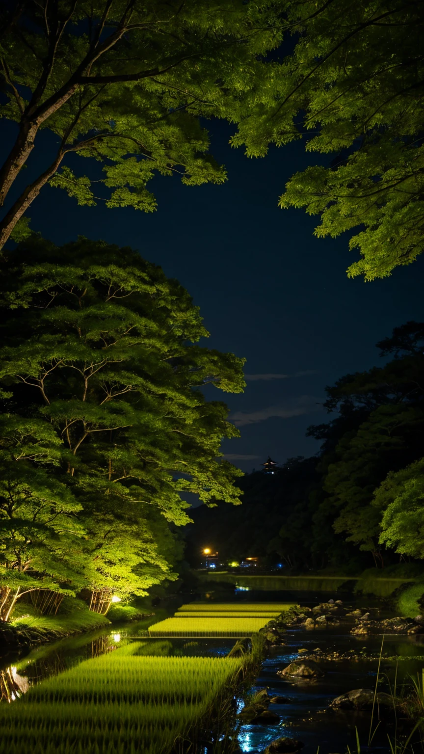 Japan、countryside、Rural Scenery、Style、night、Paddy field、river、firefly、Fantastic