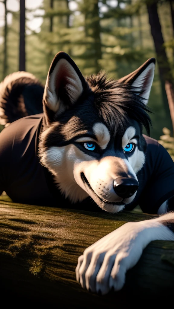 Sexy Posing, male, 30 years old, cute, eyeliner, short black hair, biting lip smile, black shirt, bedroom eyes, anthro, dog ears, (black fur:1.5),husky dog, forest background, 8k, hi res, (best quality, masterpiece), blue eyes, lying on log, husky tail