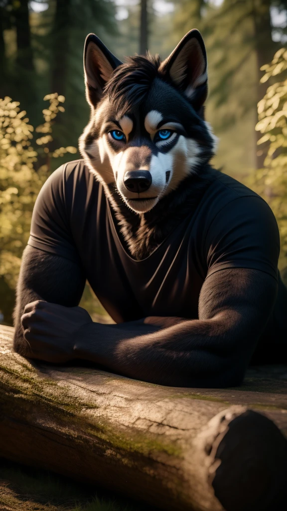 Sexy Posing, male, 30 years old, cute, eyeliner, short black hair, biting lip smile, black shirt, bedroom eyes, anthro, dog ears, (black fur:1.5),husky dog, forest background, 8k, hi res, (best quality, masterpiece), blue eyes, lying on log, husky tail