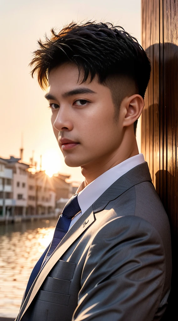 (realistically, Masterpiece, High resolution 8K, good light quality, Portrait, closed on face, complicated details), Handsome Korean Uncle, Beard，Age 40, Staring at desire, detailed face, Detailed eyes, look at the sky, shirt, suit lac suit，tick,黑Eyes, (Pale skin), body standards,brown hair, smooth hair,Big Back， Outdoor activities, evening, sunset,office room, Exaggerated, impersonal