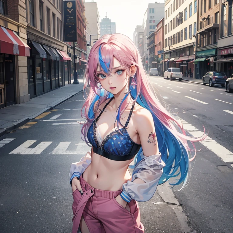 work of art, woman 4, dynamic, kpopIDOL, promo photo, raise your hand, scream out, Kiss, face close, city center, toil, impressive eyes, Thin skin texture, confident haha, Aerial view, strabismus, strabismus, strabismus, high resolution, Pro photo, corner of the street, crotch, Pink, transparent bra, bikini, searchlight, cantor de rock, Rainbow hair,, へそ, slickedback hair, hands in pockets, earbuds, long hair, tatoo