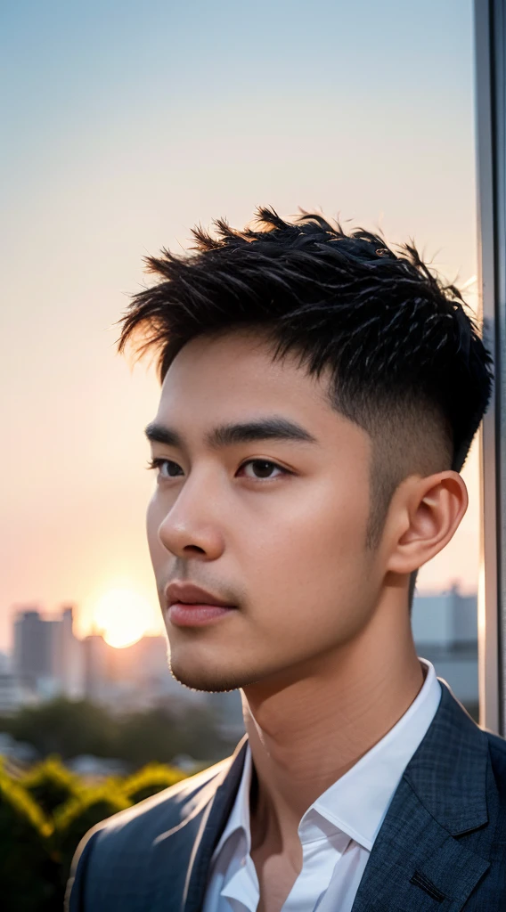 (realistically, Masterpiece, High resolution 8K, good light quality, Portrait, closed on face, complicated details), Handsome Korean Uncle, Beard,0, Staring at desirailed face, Detailed eyes, look at the sky, shirt, suit lac suit,tick,黑Eyes, (Pale skin), body standards,brown hair, smooth hair,Big Back, Outdoor activities, evening, sunset,office room, Exaggerated, impersonal
