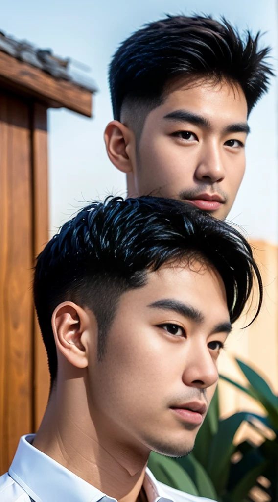 (realistically, Masterpiece, High resolution 8K, good light quality, Portrait, closed on face, complicated details), Handsome Korean Uncle, Beard，Age 40, Staring at desire, detailed face, Detailed eyes, look at the sky, shirt, suit lac suit，tick,黑Eyes, (Pale skin), body standards,brown hair, smooth hair,Big Back， Outdoor activities, evening, sunset,office room, Exaggerated, impersonal