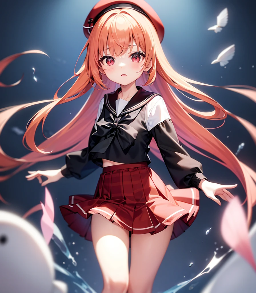 (Sailor suit),(((Red checked mini skirt))),((Frills)),(Red Beret),,Cute little loli,Tiny Lori,Small girl,,Childish face, Very fine clean face,Top quality, Big eyes,Straight Hair,Yellow hair,Crimson Eye,(Dark Room), Subtle light, Natural light,Soft lighting,Light from directly behind, (Are standing), Cute pose, (Open your hands), Showing the whole body,Front view,Black background