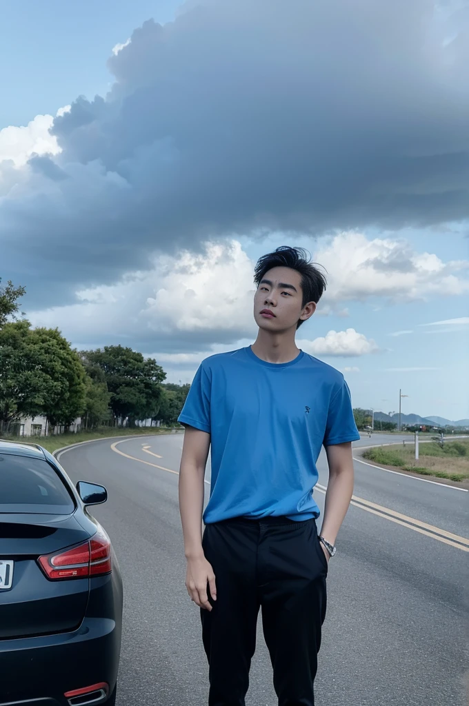 young man in a blue shirt Standing on the roadside with a serious expression, looking into the distance，Eyebrows frowned.，He looked worried.，Turn your head slightly.，Cloudy day, coffee shop