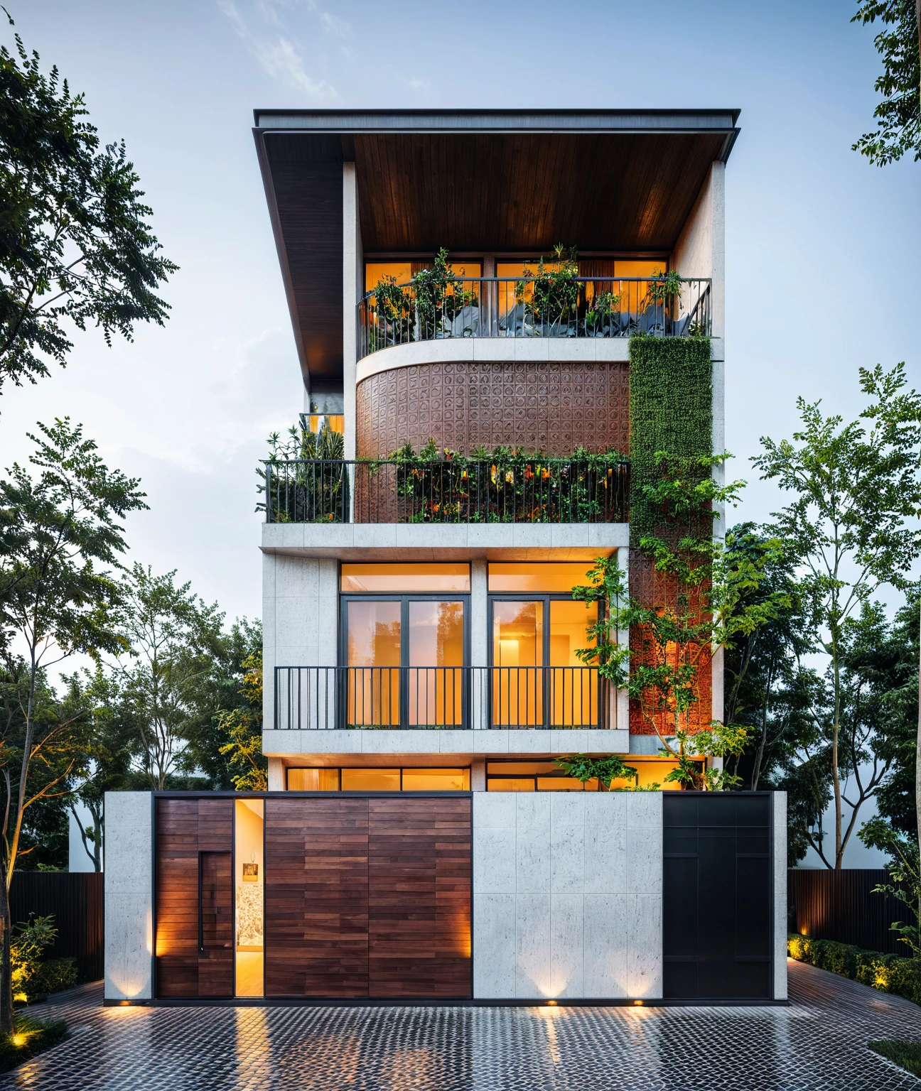 modern villa, modern style, ventilation tiles open space loft villa with roof garden, modern, dynamic (RAW photo, real, best quality, masterpiece:1.2), (hyper realistic, photo-realistic:1.2), high quality, (dark lighting:1.2), perfect lighting, archdaily, architecture digest award wining sustainable architecture, cinematic