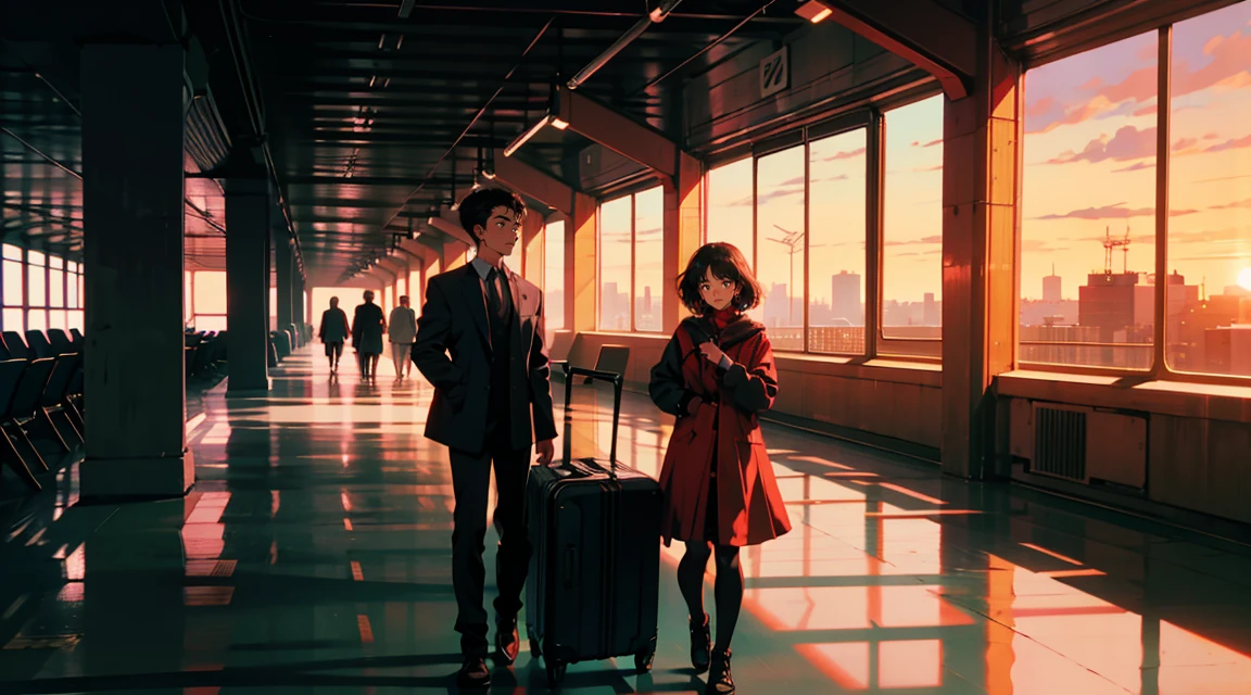 New modern airport, The plane is flying, It has a nice atmosphere, Adult women, Trunk Case ,Perfect Face, A melancholic look, (Backlight: 1.1), A scene from a movie, Soft Shadows, masterpiece, Highest quality, Complex, Model shooting style, Film Grain, Wide Shot、Red lipstick