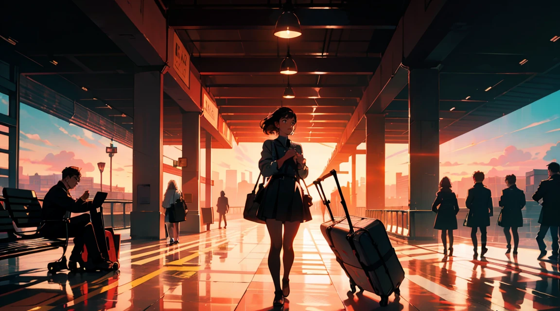 New modern airport, The plane is flying, It has a nice atmosphere, Adult women, Trunk Case ,Perfect Face, A melancholic look, (Backlight: 1.1), A scene from a movie, Soft Shadows, masterpiece, Highest quality, Complex, Model shooting style, Film Grain, Wide Shot、Red lipstick