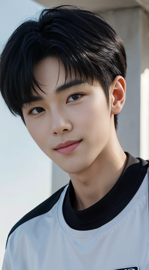 (As a matter of fact, Masterpiece, 8k HD, good light quality, sportswear, fit the face, complicated details), Handsome Korean young man, 20 years old, be happy, smile brightly, detailed face, delicate eyes, มองดูsky, Wear casual clothes, period, black eyes, Black hair color, ผมsmooth, smooth, outdoor sports, Along the garden, Sunny,sky,Surreal,Awesome details,Highest quality,real,