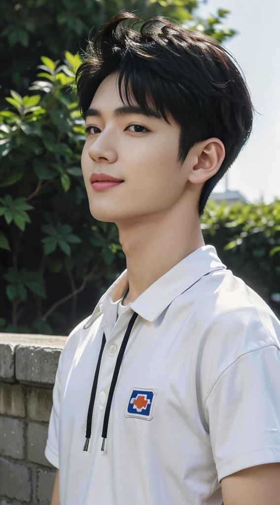 (As a matter of fact, Masterpiece, 8k HD, good light quality, sportswear, fit the face, complicated details), Handsome Korean young man, 20 years old, be happy, smile brightly, detailed face, delicate eyes, มองดูsky, Wear casual clothes, period, black eyes, Black hair color, ผมsmooth, smooth, outdoor sports, Along the garden, Sunny,sky，Surreal，Awesome details，Highest quality，real，