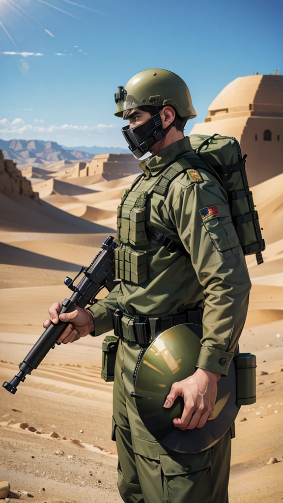 olive green armed guard with helmet and riot shield looking angry at me in desert