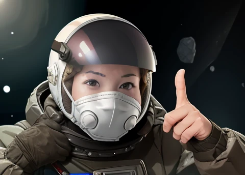 Astronaut looking scared at the spectator, transparent space helmet visor, gesturing with hands towards the viewer communicating with hands towards the viewer, expressing yourself, In the scenario there are immense frozen mountains. The soil and frozen environment, snow covered, icy storm