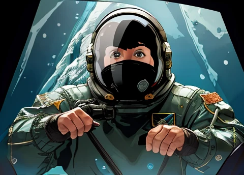 Astronaut looking scared at the spectator, transparent space helmet visor, gesturing with hands towards the viewer communicating with hands towards the viewer, expressing yourself, In the scenario there are immense frozen mountains. The soil and frozen environment, snow covered, icy storm