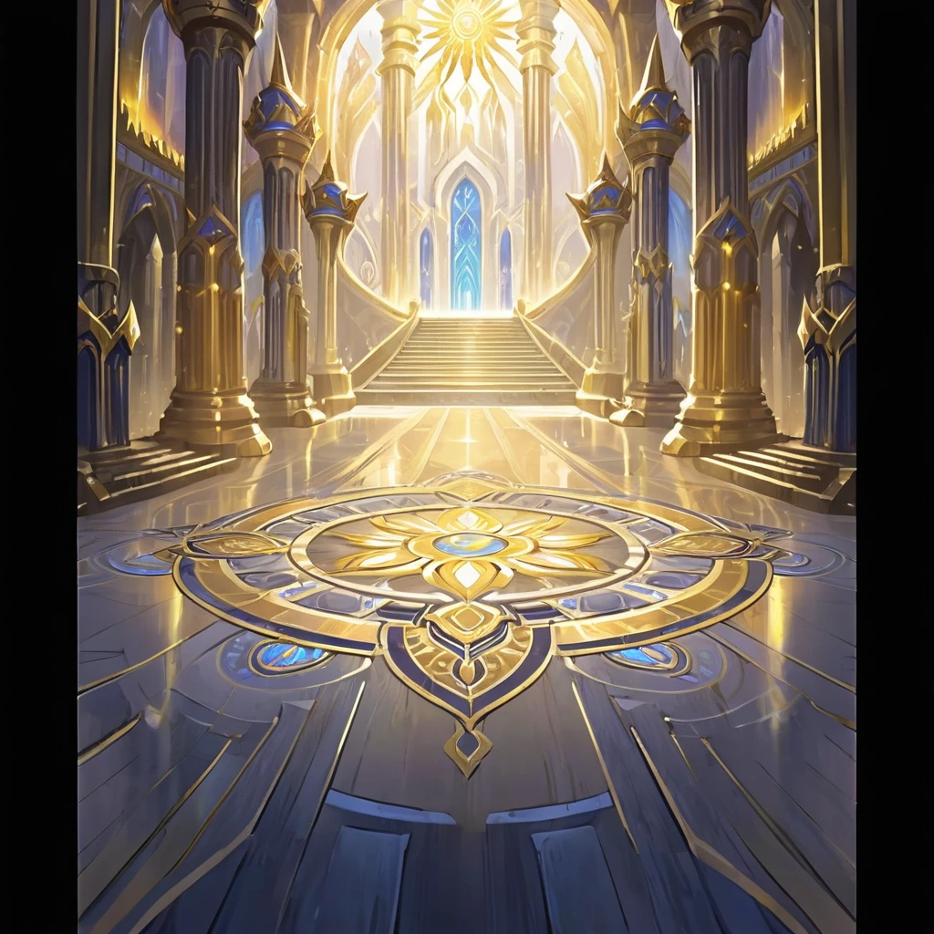 There is a picture of a very large room，There are many pillars inside, Kingdom of Light Background, Cathedral Background, Stunning mysterious background, interior background technology, cathedral of the sun, The Golden Throne Room, Palace Background, background technology, odin's stone Arena Background, decadent The Golden Throne Room, Glowing throne, Gorgeous border + Concept Art, Arena Background, World of Warcraft art style