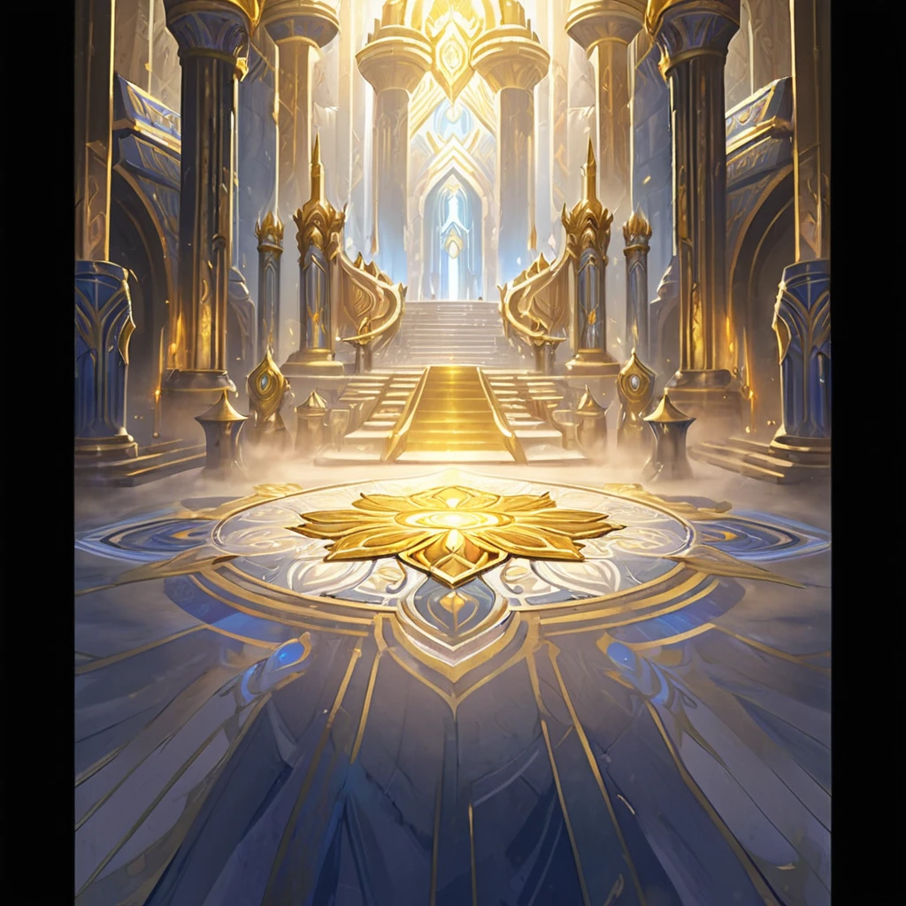There is a picture of a very large room,There are many pillars inside, Kingdom of Light Background, Cathedral Background, Stunning mysterious background, interior background technology, cathedral of the sun, The Golden Throne Room, Palace Background, background technology, odin's stone Arena Background, decadent The Golden Throne Room, Glowing throne, Gorgeous border + Concept Art, Arena Background, World of Warcraft art style
