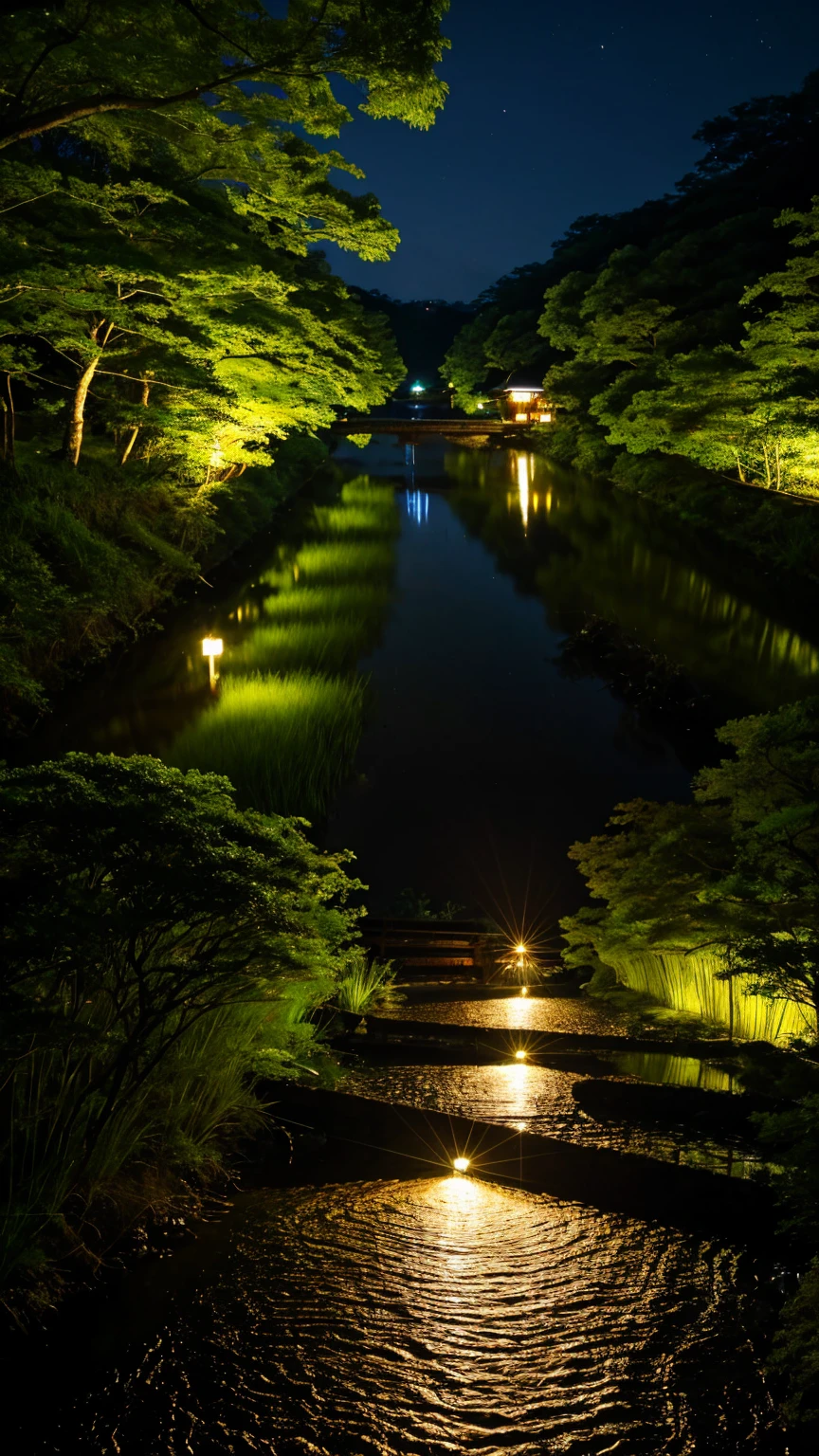Japan、countryside、Rural Scenery、Style、night、Paddy field、river、firefly