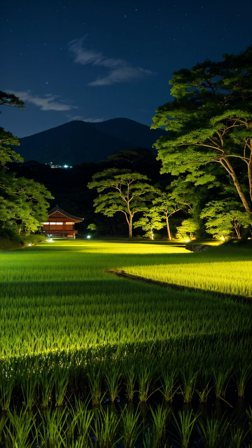 Japan、countryside、Rural Scenery、Style、night、Paddy field、river、firefly