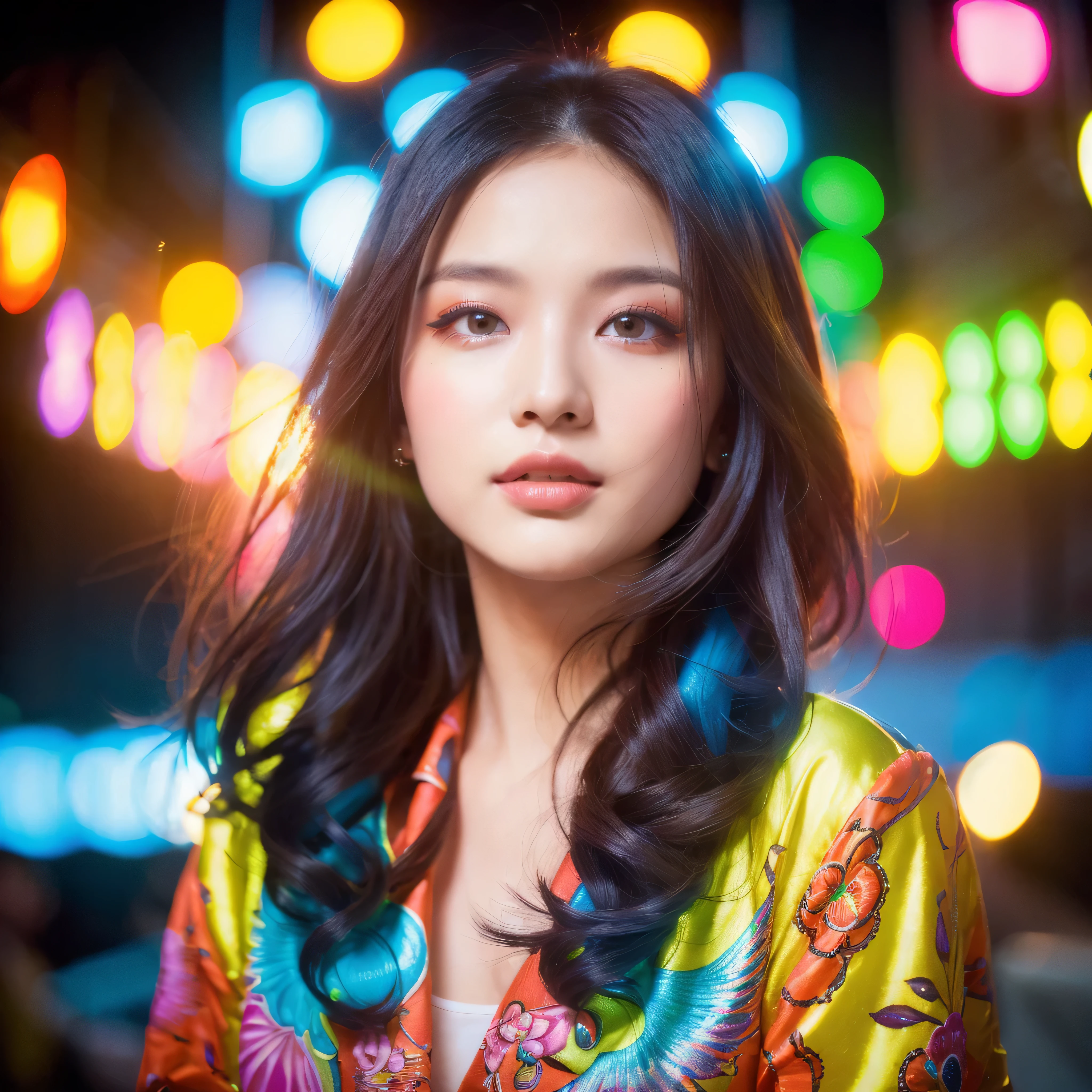 (Best Quality, Masterpiece, Ultra High Definition, High resolution, highly detailed, High Definition Face:1.5), (Vivian Hsu:1.2), 20-year-old woman, 1 beautiful woman, (Neon Color Fashion, colorful fashion, Colorful Style, Vibrant colors:1.3), beautiful eyes, light in the eyes, eyes are in focus, white skin, Glossy, shiny skin, very Fair skin, violently fluttering hair, random hair styles, random hair color, Slim