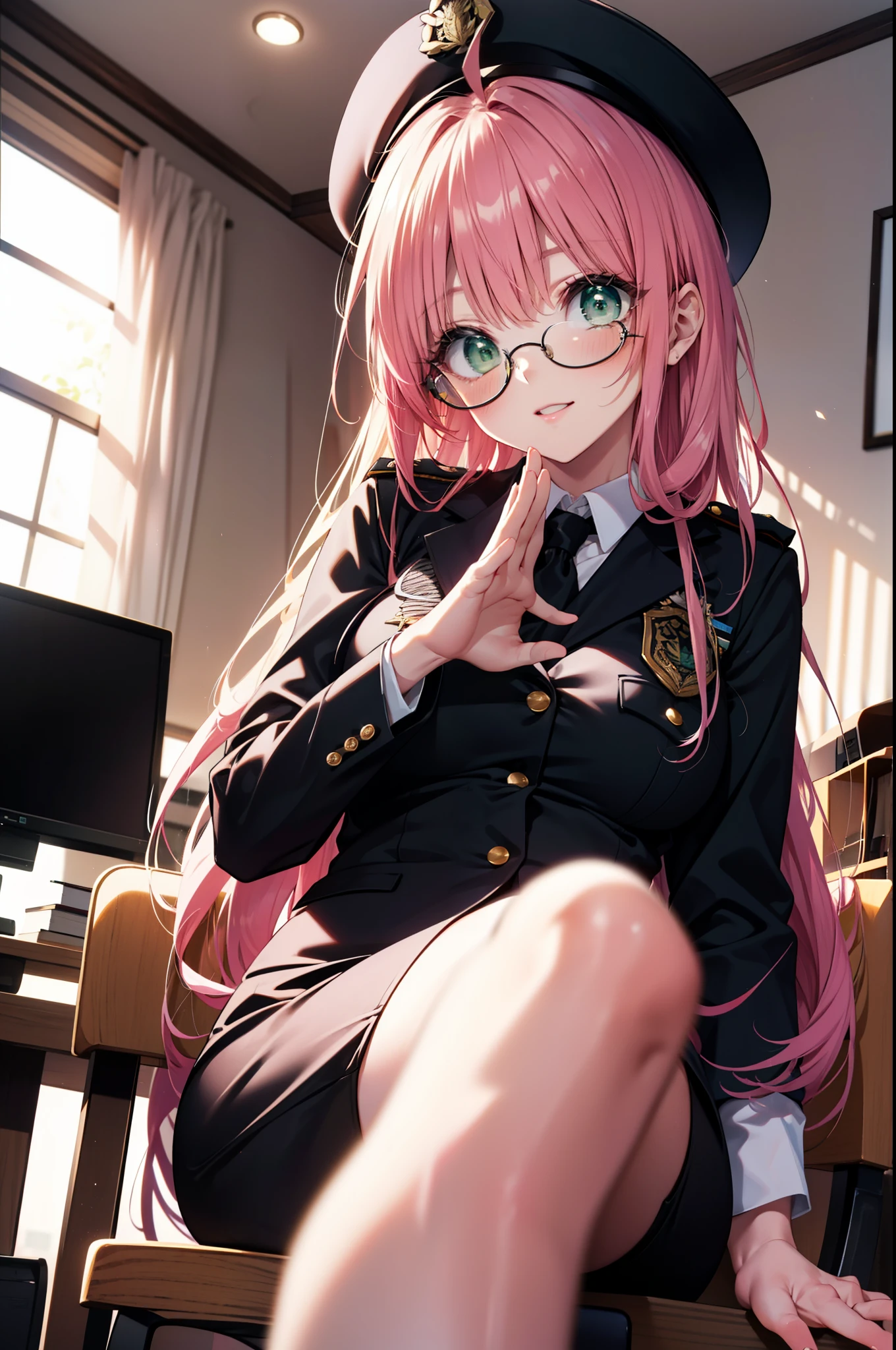 Lara Deviluke, Lara Deviluke, Long Hair, Pink Hair, tail, Ahoge, bangs, hair ornaments, (Green Eyes:1.5), smile,blush,Open your mouth,demon tail,Police hat with black rimmed glasses,Sexy police uniform,Black pencil skirt, black pantyhose,Stiletto heels,sitting cross-legged on a chair,There is a computer on the table,interior,whole bodyがイラストに入るように,
break outdoors, office
break looking at viewer,whole body,
break (masterpiece:1.2), Highest quality, High resolution, unity 8k w全てpaper, (shape:0.8), (beautiful detailed eyes:1.6), extremely detailed face, Perfect lighting, extremely detailed CG, (Perfect hands, Perfect Anatomy),