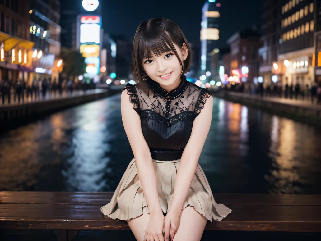 (Highest quality, masterpiece, Ultra-high resolution, 8k, RAW Photos, Realistic, Anatomically correct:1.5), (Stainless steel round bar fence:1.0, Put your elbow on the fence:1.2, high school girl、20-year-old girl:1.2, Embarrassing, avert your eyes, blush:1.0, View Viewer, ((bar)) 、Night view、 Light:1.2, Bokeh, Cinema Lighting:1.0, Depth of written boundary, sharp、 Cute face、Idol、Black short sleeve lace top、Black pleated skirt、Black clothing、”dwarf”、(Floral clothes)、Full Body Shot、Cowboy Shot、(( smile))、(Ultra short hair、Berry Short)、(Straight bangs)、