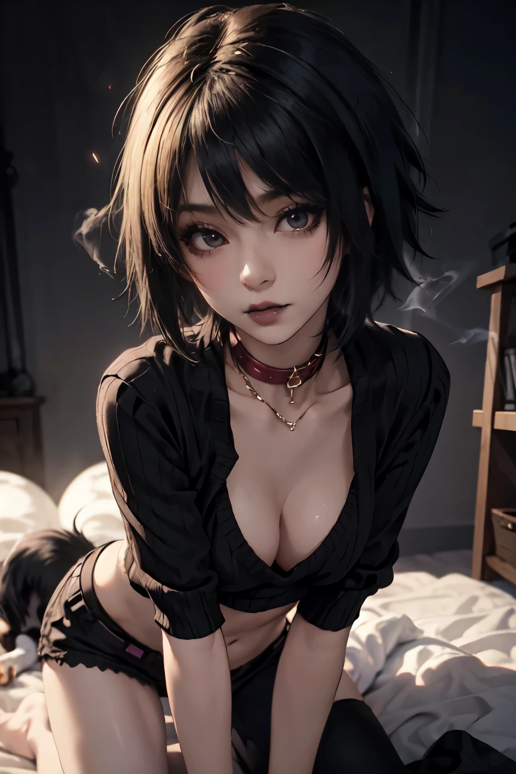 Girl, woman, emo_hairstyle, black lipstick, dog collar, eyeliner, eye shadow, smoky eyes, realistic lighting, short hair, cleavage, midriff sweater, short top, , no pants, .