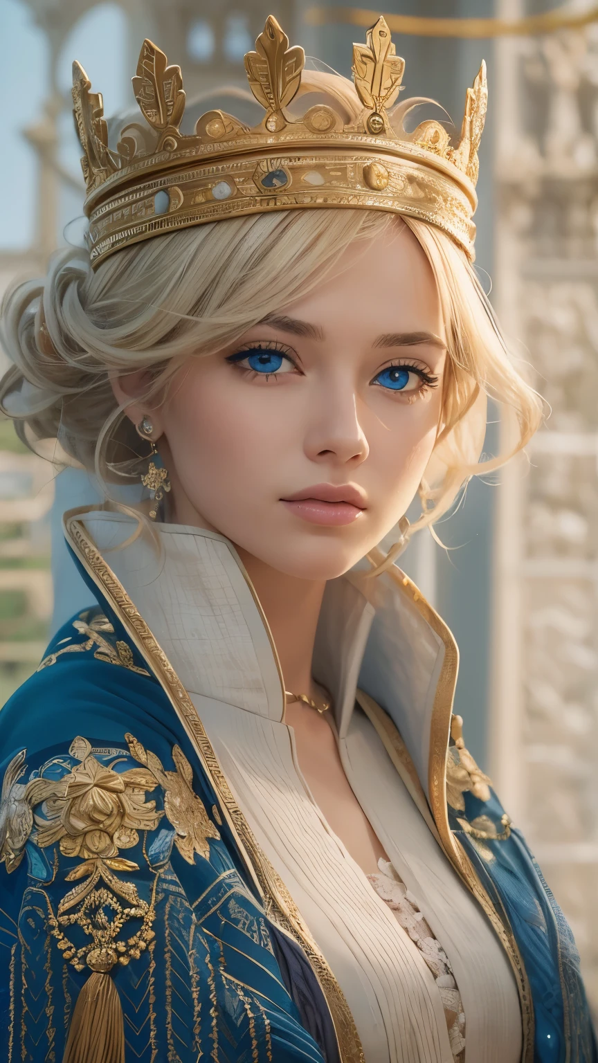 (masterpiece: 1.2, Highest quality), Realistic, (Realistic Picture, Intricate details, Depth of written boundary), Highest quality, masterpiece, Very detailed, Semi Realistic, 1 Girl, Mature Woman, 21 years old, Blonde, shoulder-length short hair,, The left eye is covered with hair, blue eyes, King&#39;s Clothes, Red Cape, Slim figure, A crown made of precious gold, Read the document, Document marking, Goose hair pen, Office Table, Soft bench, palace, palaceで, middle ages