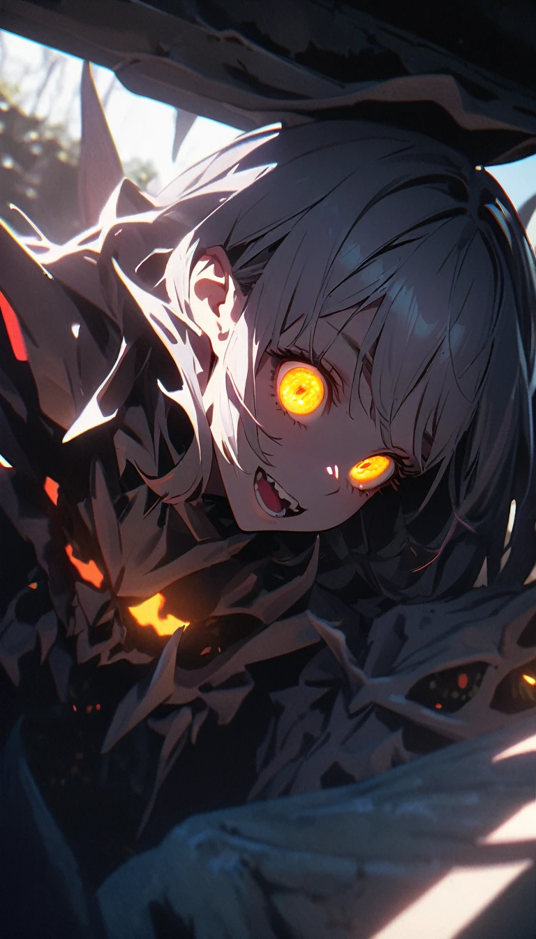(dark art), insect girl, short stature, dividing lines on body, dark black skin, black skin, dark skin, yellow eyes, black sclera, long black hair, cold lighting, (dark lighting), many shadows, cold lights