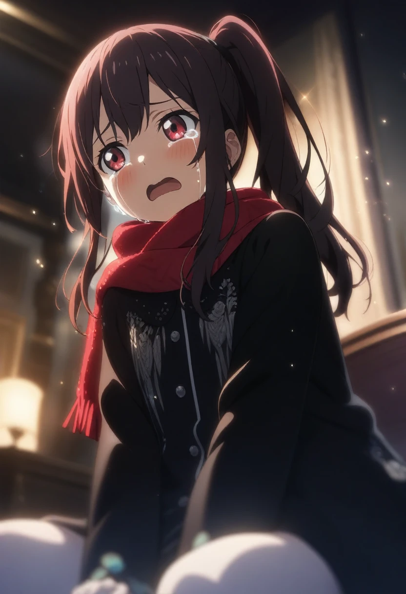 1girl okota mikan, official art, sitting, crying, tears streaming, black coat, red scarf, black hair, side_ponytail, red eyes, (very aesthetic, best quality, ultra detailed), intricate details, highres, indoors, light particles, close-up, blurry background,, low angle, cinematic angle, cowboy shot, emotional, delicate features
