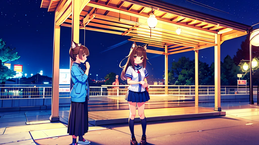 {Highest quality], [Super beautiful], [Ultra fine], [Best illustration], NSFW,Brown Hair, Hime cut, Long Hair blue ,cat ear , With bangs, girl,,uniform,knit cardigan,Short sleeve,skirt,smile, blush, Slender women,Standing posture,(Public),Night Park,Summer festival,diagonal, Navy blue knee socks,Black loafa