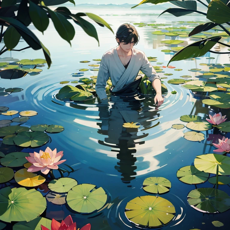 a man in a pond with lily pads in the water, in a pond, standing in a pond, floating in a powerful zen state, nymph in the water, sitting in a reflective pool, floathing underwater on a lake, sentado in a pond, in the water até os ombros, o cabelo flutua in the water, on a lake, in the water