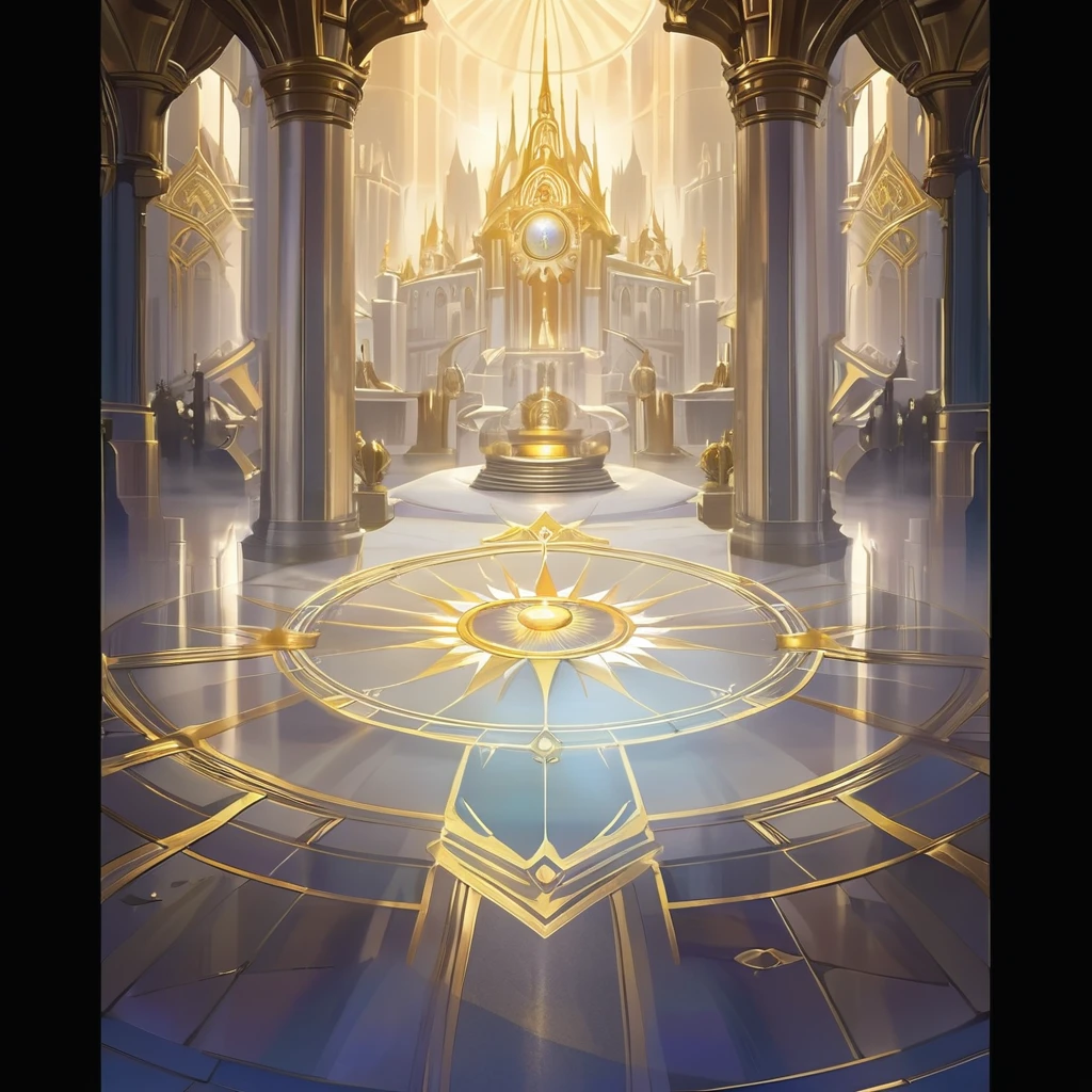 There is a photo of a large building,There is a big clock on it, Cathedral Background, Kingdom of Light Background, Stunning mysterious background, symmetry!! Concept Art, interior background technology, Concept Art magical highlight, The Golden Throne Room, Gorgeous border + Concept Art, symmetric Concept Art, World of Warcraft art style, decadent The Golden Throne Room, cathedral of the sun, background technology