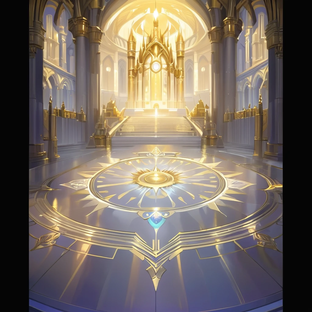 There is a photo of a large building,There is a big clock on it, Cathedral Background, Kingdom of Light Background, Stunning mysterious background, symmetry!! Concept Art, interior background technology, Concept Art magical highlight, The Golden Throne Room, Gorgeous border + Concept Art, symmetric Concept Art, World of Warcraft art style, decadent The Golden Throne Room, cathedral of the sun, background technology