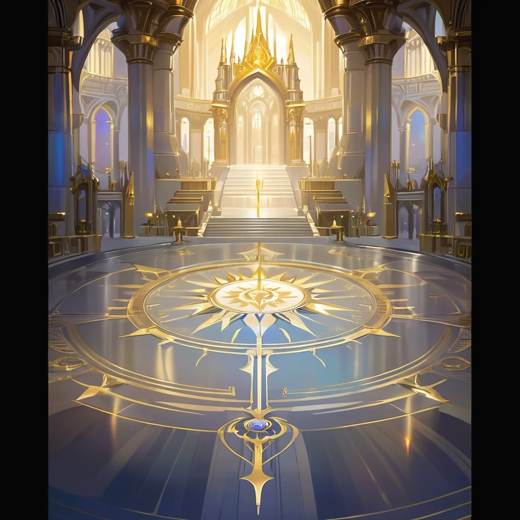 There is a photo of a large building，There is a big clock on it, Cathedral Background, Kingdom of Light Background, Stunning mysterious background, symmetry!! Concept Art, interior background technology, Concept Art magical highlight, The Golden Throne Room, Gorgeous border + Concept Art, symmetric Concept Art, World of Warcraft art style, decadent The Golden Throne Room, cathedral of the sun, background technology