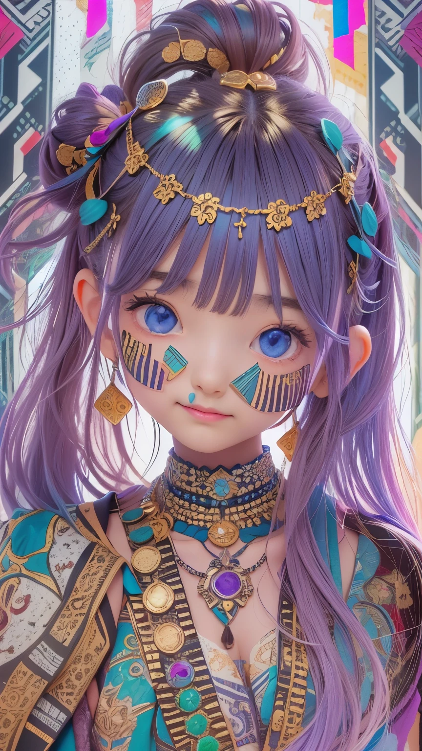 (Absurd, High resolution, Super detailed), (One girl:1.3), Twin tails, Purple Hair, break , Glitch Art, Digital Distortion, Pixelated Fragments, Data Corruption, Colorful Noise, Visual clutter, contemporary aesthetics break , Enamel Art, Glass-like surface, Vibrant colors, Glossy finish, Reflective Texture, Richly pigmented, fluid forms break , Ethnic Style, Traditional attire, Vivid patterns, Handmade textiles, Cultural Motifs, Beaded Jewelry, Artisan handmade accessories