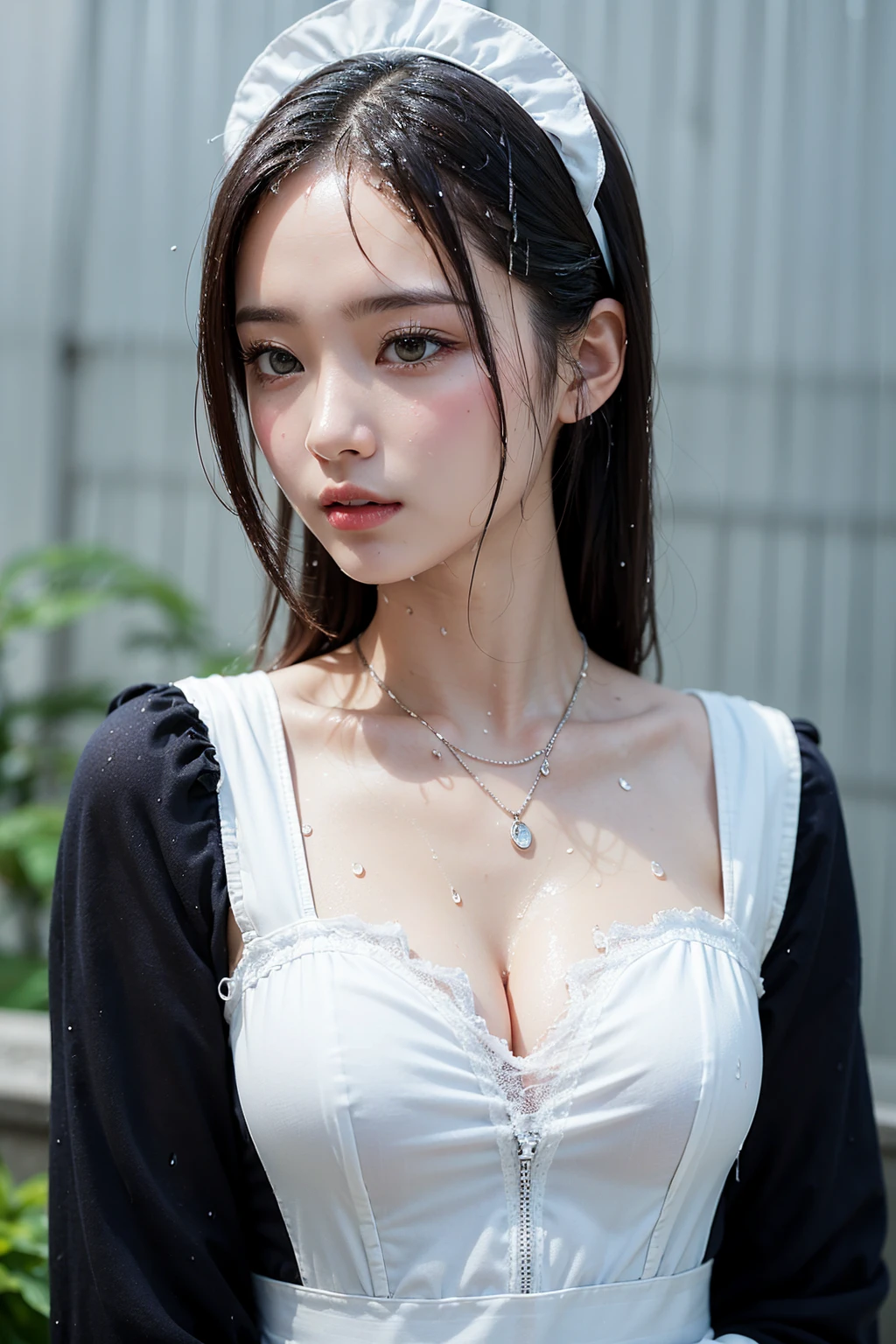 (Highest quality:1.4), Beautiful Face, 8K, Absurd, (Maid clothes,Transparent clothes、Show your whole body:1.4),Viola Lace, Gardenia, Delicate girl, alone,  Looking at the audience, film grain, chromatic aberration, Sharp focus, Face Light, Professional Lighting, Sophisticated, (rain、Wet Hair、Wet Face、Wet body、Wet clothes:1.5)、(smile:0.4), (Outdoor、Simple Background, Background blur:1.2), Detailed aspect、attractive,