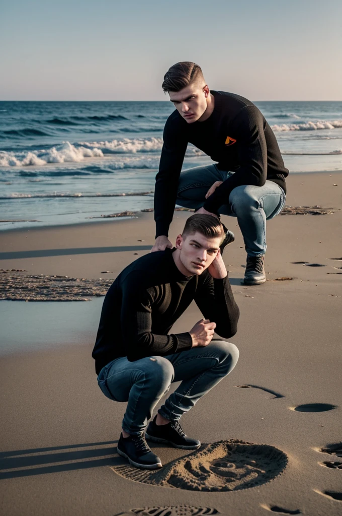 Real max Verstappen dressed in black sweater, and denim pants, on the seashore, squatting playing with sand and sea water, In the background there was the moon and the first rays of the sun.