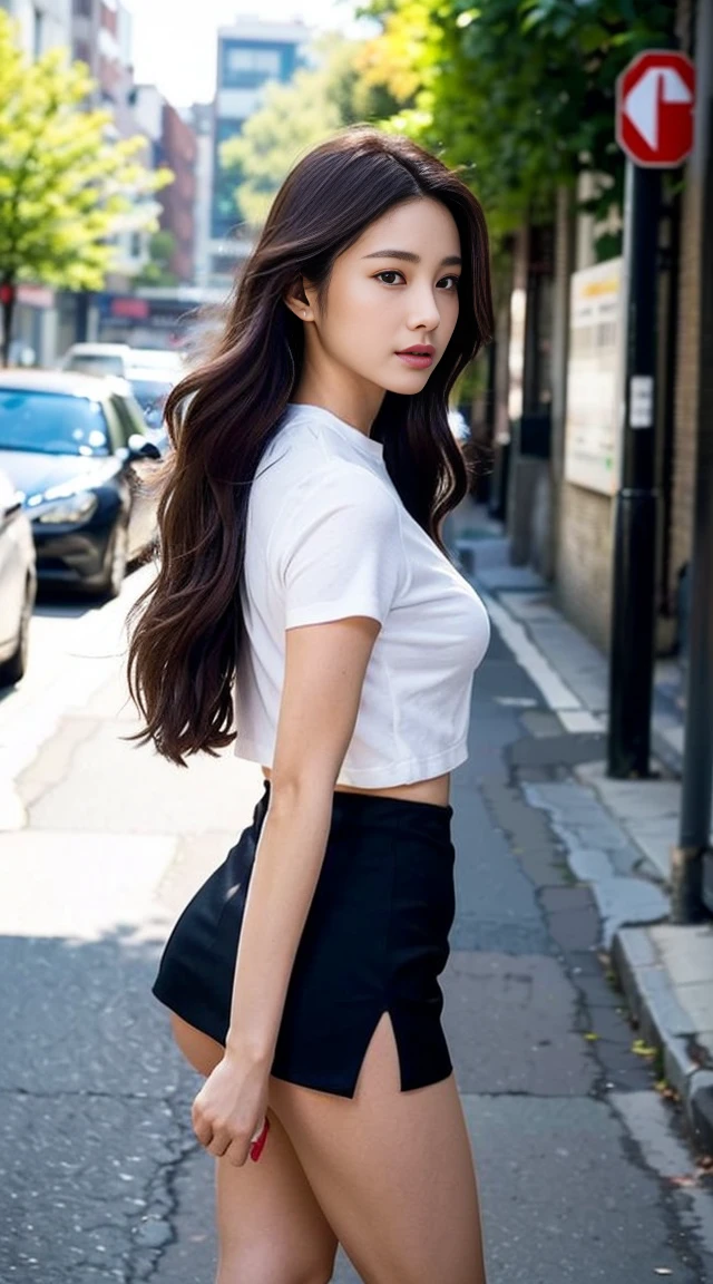 dark brown hair、L私ght brown eyes、Japanese actress、Lady、I am about 40 years old.、(Private ntr private cate-deta private l:1.2)、(top-qual私ty:1.4)、 (Ultra high resolution:1.2)、Ultra high resolution、(A deta私led eye)、(detailed facial features)、Hmph、8K resolut私on、D cup breasts、Long Hair、Back view of a person walking down the street、Walking down the street、Crop T-shirt、私 can see the skin on my waist、white mini skirt、Beautiful shiny hair、Beautiful ass、Beautiful legs、Heeled pumps、fashionable, Attention to detail, Very detailed, Realistic, Obscene pose,、