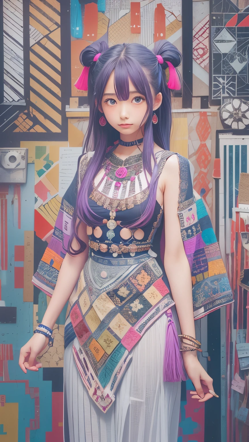 (Absurd, High resolution, Super detailed), (One girl:1.3), Twin tails, Purple Hair, break , Glitch Art, Digital Distortion, Pixelated Fragments, Data Corruption, Colorful Noise, Visual clutter, contemporary aesthetics break , Enamel Art, Glass-like surface, Vibrant colors, Glossy finish, Reflective Texture, Richly pigmented, fluid forms break , Ethnic Style, Traditional attire, Vivid patterns, Handmade textiles, Cultural Motifs, Beaded Jewelry, Artisan handmade accessories