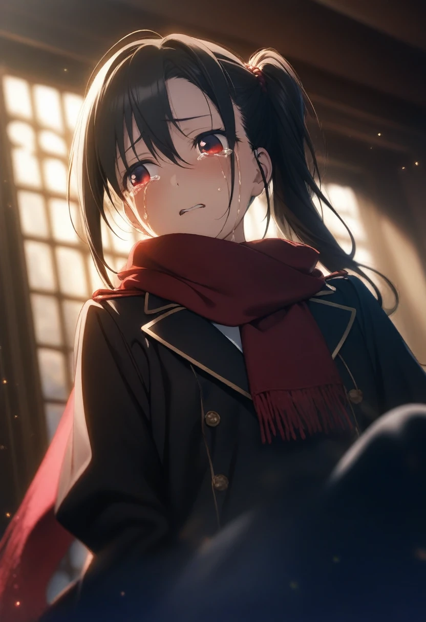 1girl toosaka asagi, official art, sitting, crying, tears streaming, black coat, red scarf, black hair, side_ponytail, red eyes, (very aesthetic, best quality, ultra detailed), intricate details, highres, indoors, light particles, close-up, blurry background,, low angle, cinematic angle, cowboy shot, emotional, delicate features