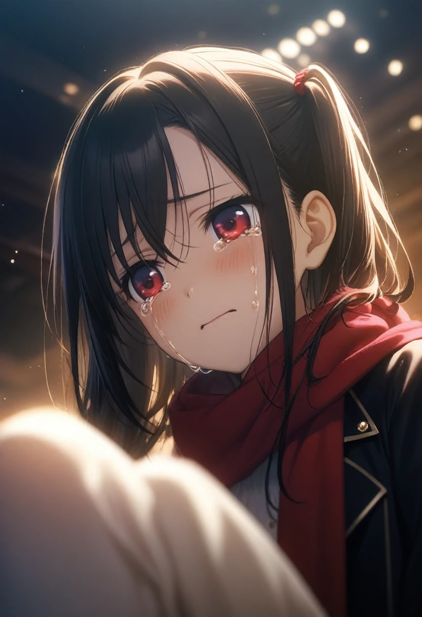 1girl toosaka asagi, official art, sitting, crying, tears streaming, black coat, red scarf, black hair, side_ponytail, red eyes, (very aesthetic, best quality, ultra detailed), intricate details, highres, indoors, light particles, close-up, blurry background,, low angle, cinematic angle, cowboy shot, emotional, delicate features