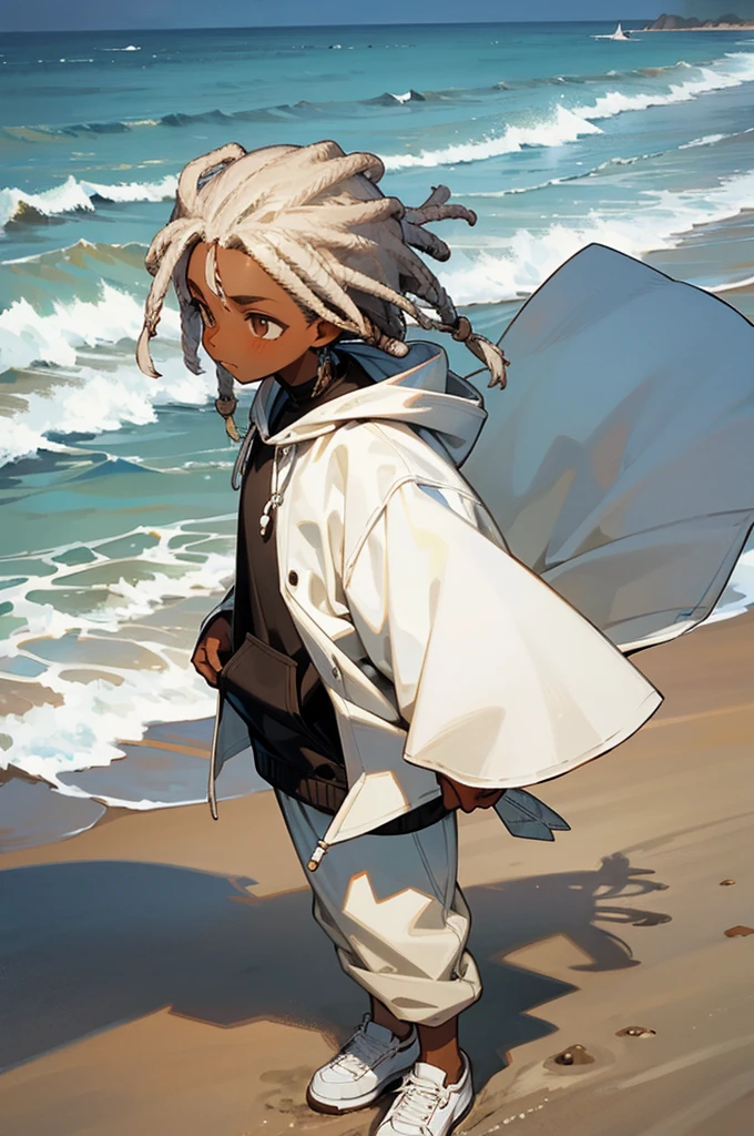 white colored hair, dreads, kid, dark skin, brown eyes, black hoodie, on a beach, young male