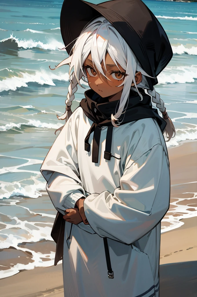 white colored hair, dreads, ???, dark skin, brown eyes, black hoodie, on a beach, young male