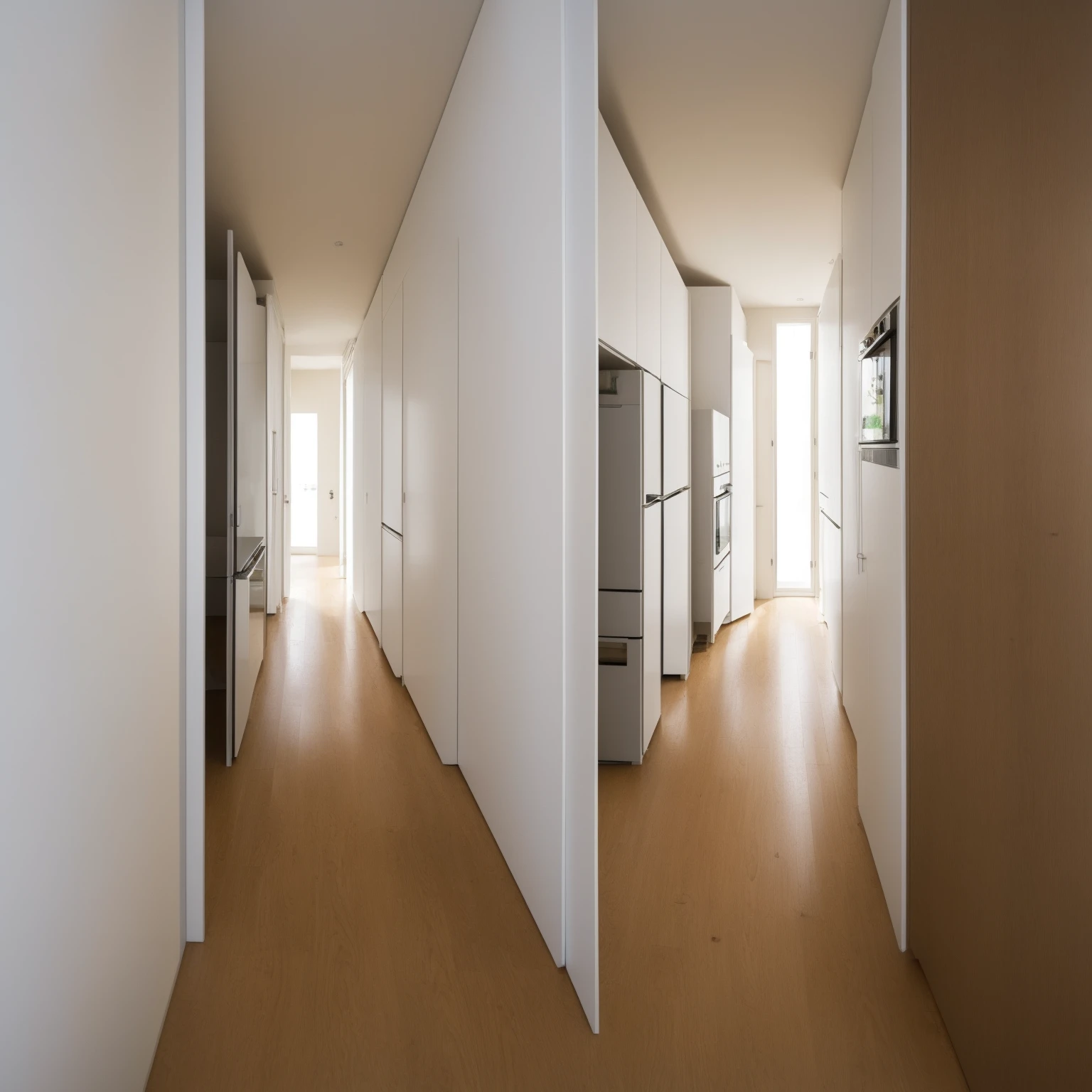 Create an image of a modern, compact home interior featuring a narrow hallway. The hallway leads to a bright, naturally lit room visible through a door at the end. On the left side, there's a white washing machine next to a tall, slim cabinet, both against a textured white wall. On the right side, the hallway opens slightly into a kitchen area with visible counter space and dark kitchen appliances. The floor is covered with light wood laminate that extends throughout the space. The overall atmosphere should be clean, minimalistic, and well-lit, typical of a small, efficient apartment