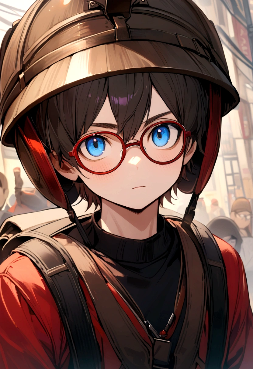 The boy wore a brown helmet with red rim, blue eyes, black-rimmed glasses, a black tank top, a red long-sleeved shirt, and a black backpack.