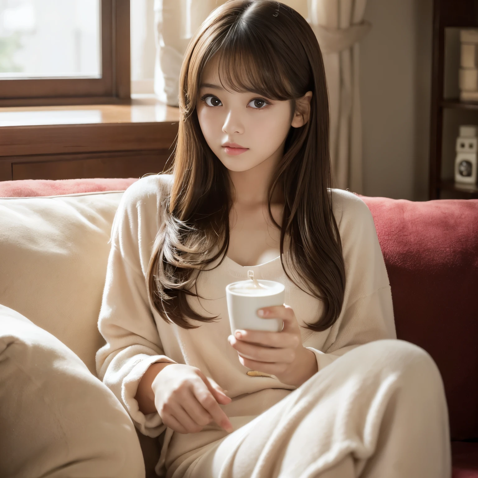(Best-quality, Masterpiece, Ultra-High-Resolution, (Photorealistic:1.4), Raw Photo, depth of field, professional lighting, perfect anatomy, extremely details), 1girl, 15-years-old, the most famous Japanese idol, (extremely cute face like the most popular Japanese idol, ((extremely cute and extremely big eyes)), extremely beautiful hair, extremely beautiful skins), extremely cute long-eyelashes, extremely cute lips, 
relaxing on sofa in private-room, 
wearing loose-fitting pajamas with cute-design, 
((taken illegal-drugs), (((confused))))