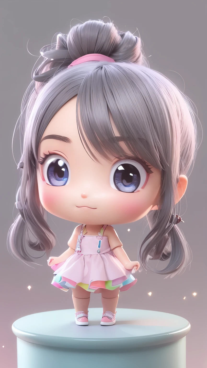Drawing of a girl in a ponytail and dress, cute 3d rendering, cute detailed digital art, mini cute girl, cute digital painting, 3D rendering style, cute digital art, cute rendering 3d anime girl, Small Curvy Loli, cute! C4D, One character's whole body, Standing on a white pedestal