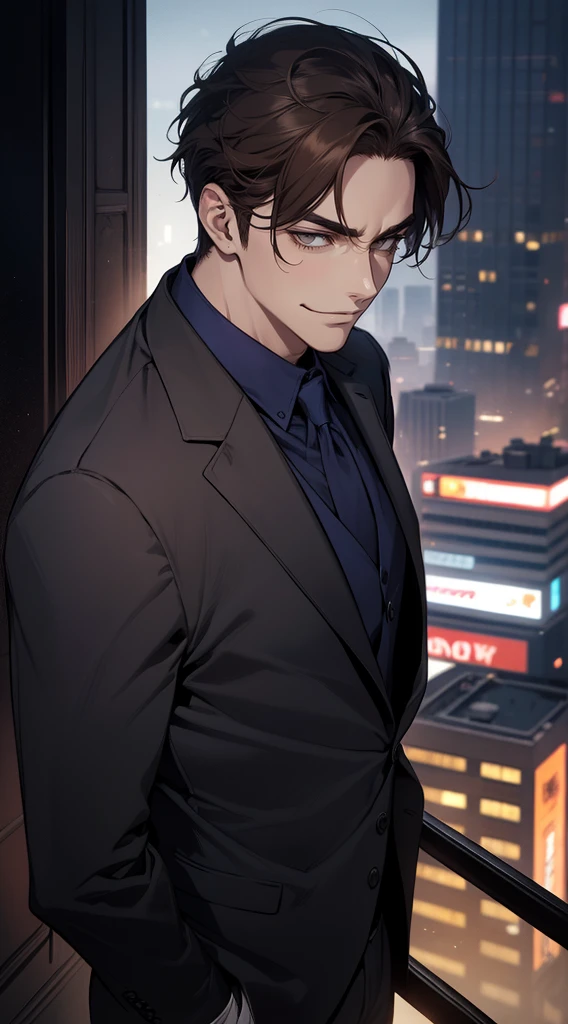 masutepiece, Best Quality, Realistic, 1man, matured male, Quiet and charming young man, 25 years old, closing eye, Serious look, extra detailed face, ((dark grey eyes)), ((Short right sweep dark brown hair)), [Thick eyebrows], detective, city, ((Blue color suit)), Cinematic lighting, gaze at the audience, Postural dynamics, Smirk