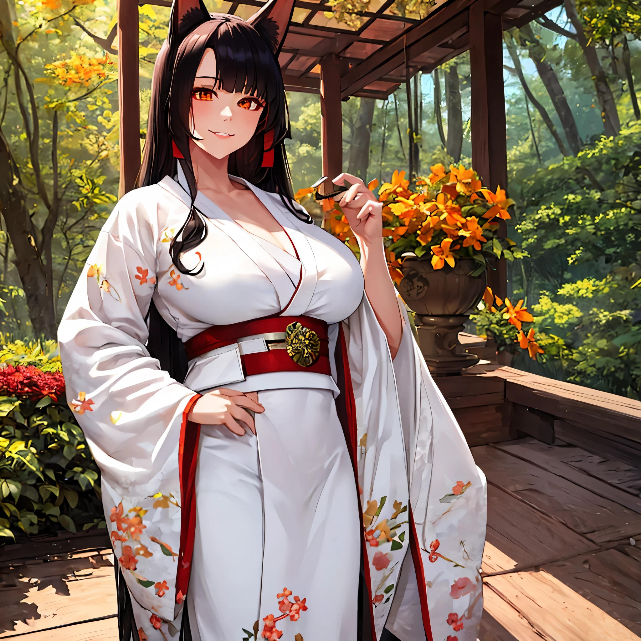 A woman wearing a white kimono with drawings of autumn flowers, walking on a walk in a forest in the autumn period, Japanese shoes, orange eyes, black hair, kitsune ears, kitsune tails, multi-tails, smiling, big breasts, posture standing, daytime location, a view of the forest, background with orange filter,.UHD , prime work , accurate , anatomically correct , textured skin , super details , high quality , best quality, 8k, high resolution, bokeh effect. (woman solo)
